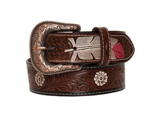 Pink Feather Hand Tooled Leather Belt