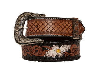 Checkered Brown Hand Tooled Leather Belt